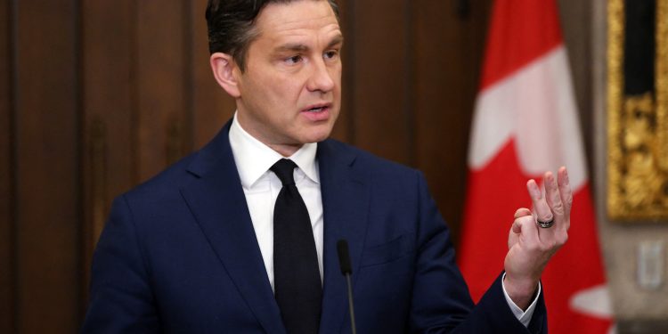 Canadian Conservative Party leader Pierre Poilievre speaks during a news conference on Parliament Hill on December 16, 2024 in Ottawa. Deputy Prime Minister Chrystia Freeland in a surprise announcement on Monday quit over disagreements with Justin Trudeau on Canada's response to US President-elect Donald Trump's tariff threats. (Photo by Dave Chan / AFP) (Photo by DAVE CHAN/AFP via Getty Images)